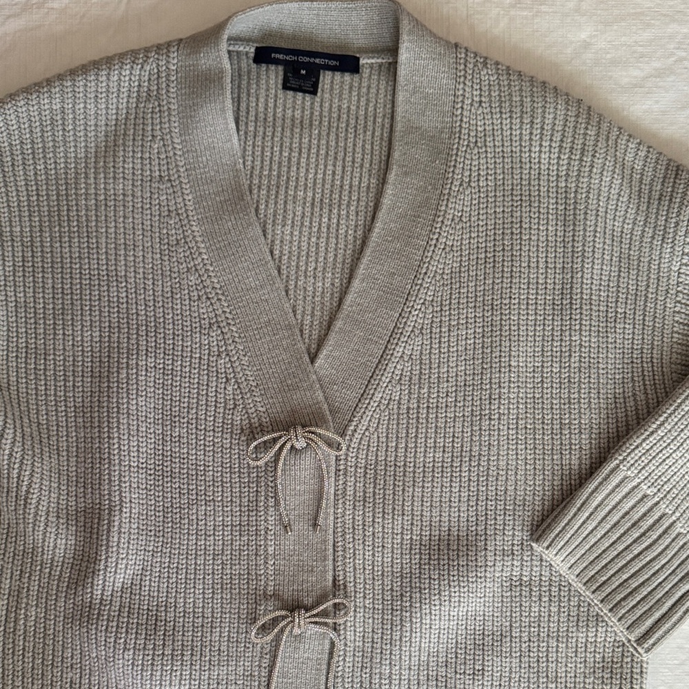 French Connection Women’s Light Gray Cardigan with rhinestone bows size medium